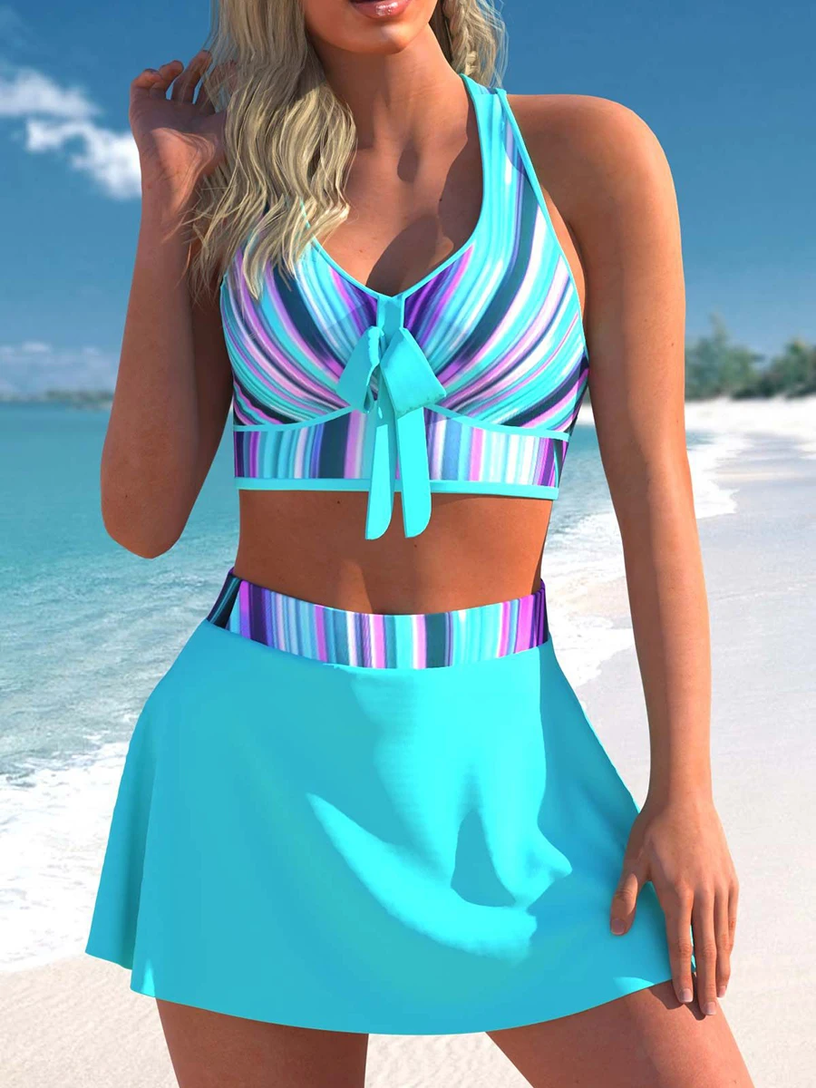 Bikini con estampado azul para mujer, traje de baño de cintura alta con lazo cruzado, ropa de playa Sexy, 2022