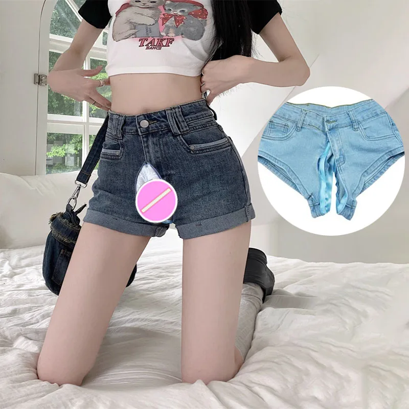 

Invisible Open Crotch Sex Pants Women High Waist Denim Boyfriend Shorts Straight Sexy Jean Summer Club HotPants with Penis Hole