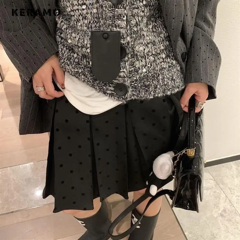 Double-sided Wear Pleated Skirt Polka Dot Skirt Autumn and Winter New Fashionable Gray Mid Skirt Plus size Preppy Belly Cover...