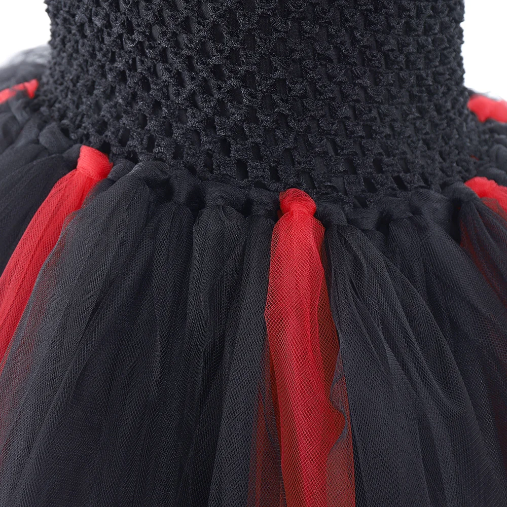 Halloween Festival Party Dress for Girls Witch Cosplay Costume Evil Witch Mesh Black red Lace TuTu Puffy Sleeves Sling Dress Set