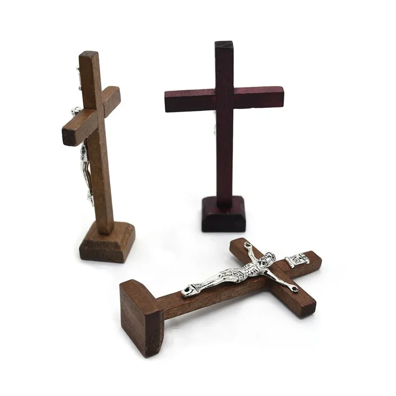 Cruz católica de Jesús de madera con soporte, crucifijo de pie cristiano religioso Vintage, estante para el hogar, adornos de mesa, 1 unidad