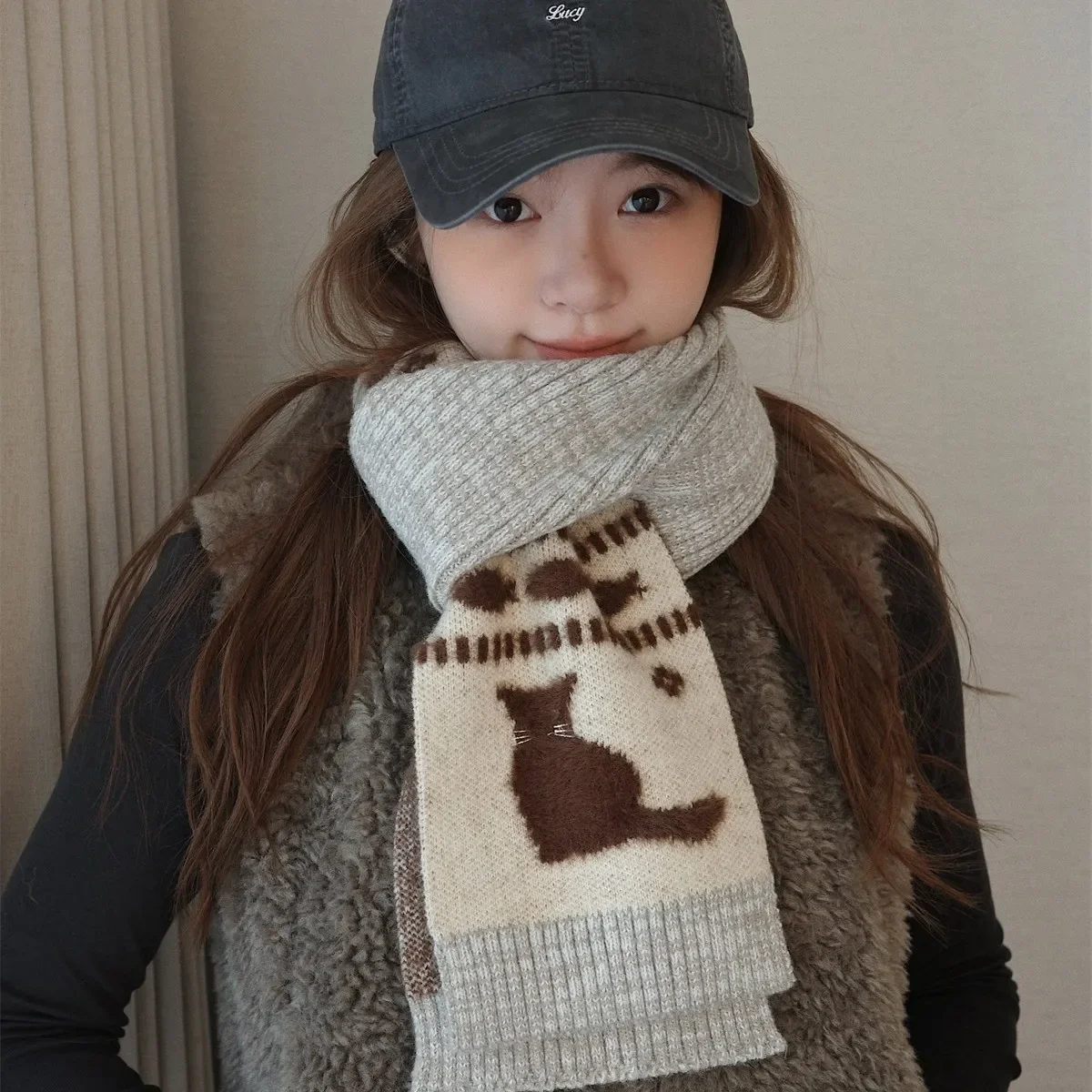 

Милый шарф из жаккардовой пряжи в японском стиле для женщин, теплый универсальный атмосферный шарф на осень и зиму