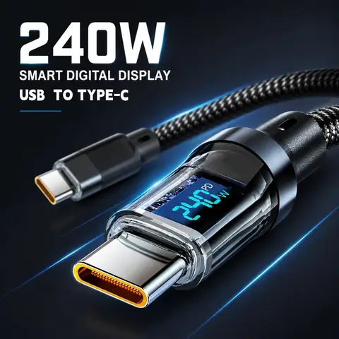 Câble USB vers Type C à charge rapide 240W, affichage de la puissance, cordon tressé, transfert de données pour Xiaomi POCO Huawei Macbook Honor Phone