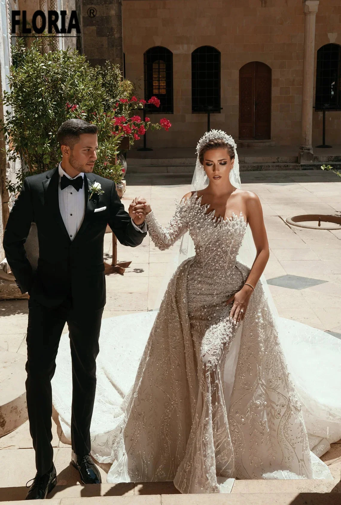 Vestido De Novia Luxury Pearls Wedding Dress Detachable Train Dubai Long Sleeve Beaded Lace Bridal Gown Robe Mariee Customized