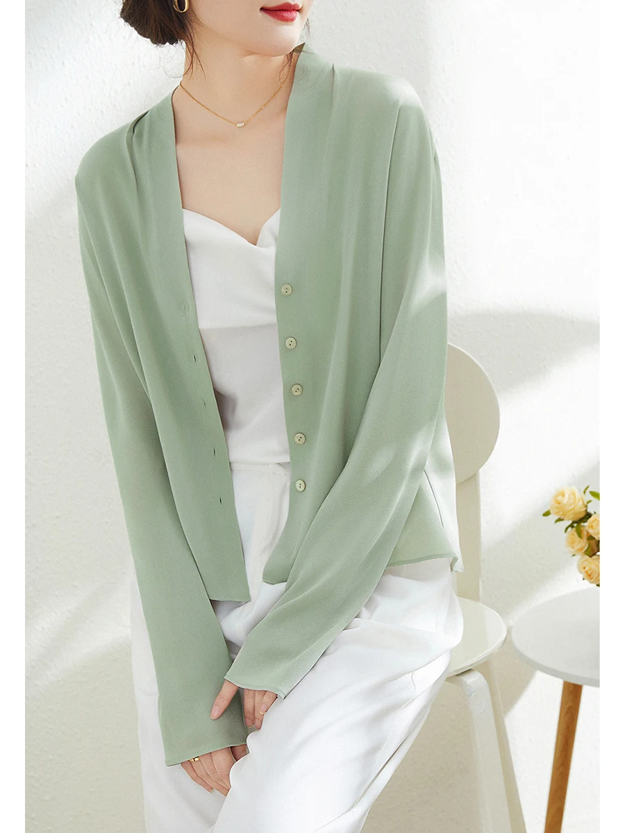 

Женская летняя тонкая солнцезащитная блузка с V-образным вырезом, модная универсальная верхняя одежда, шифоновая блузка свободного кроя с длинными рукавами