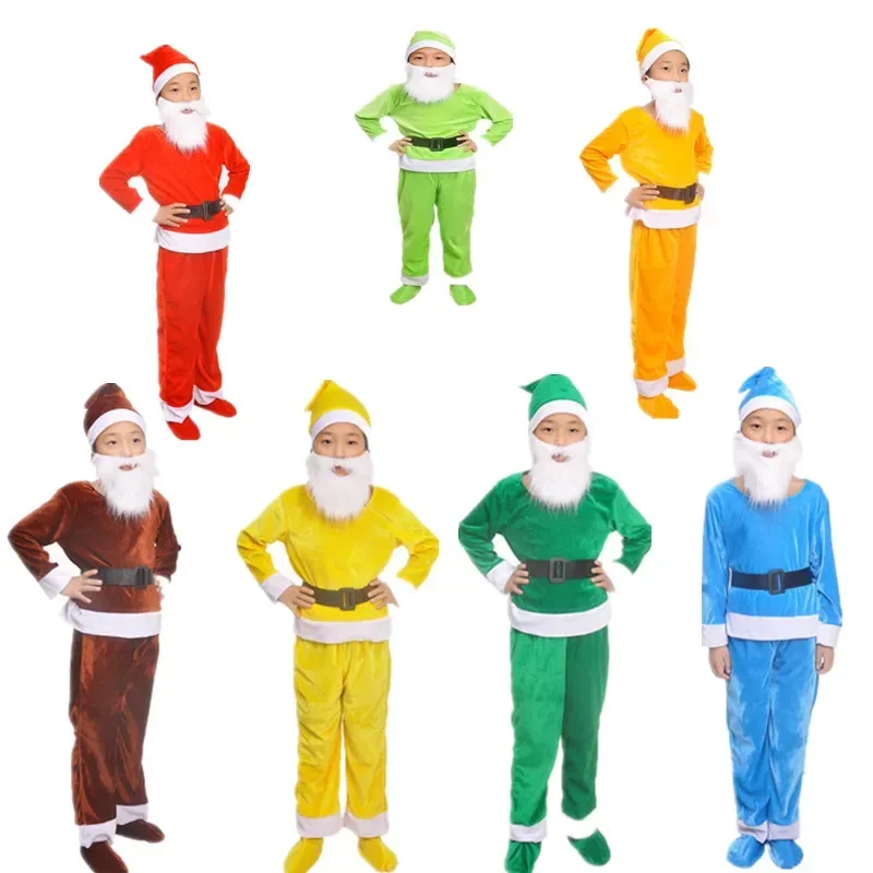 Fairy Cartoon Seven Dwarf Group Costume Child Boys Carnival Festival Cosplay Elf Elven Outfit For Kids Top Trouser Beards Hat G3