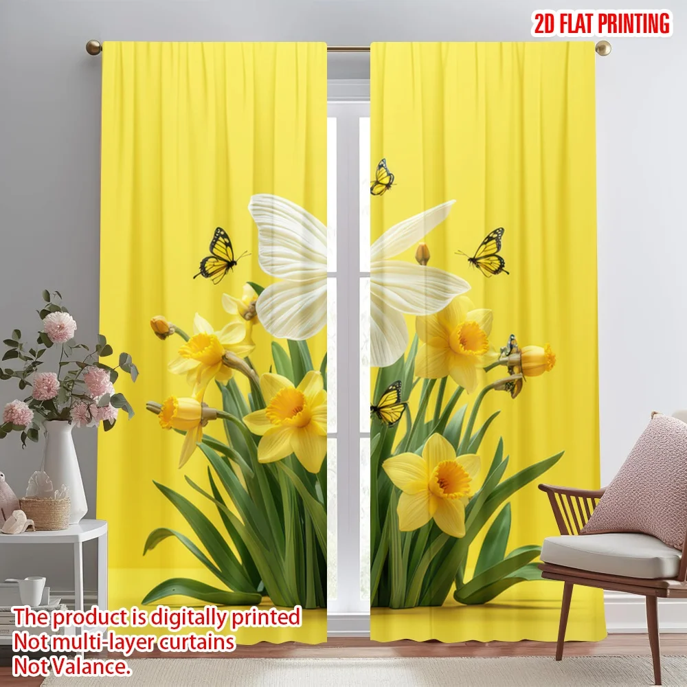 

2D flat printing 2pcs Party Curtains Spring Daffodils and Butterflies Digital Printed Polyester Drapes Family Party Decoration