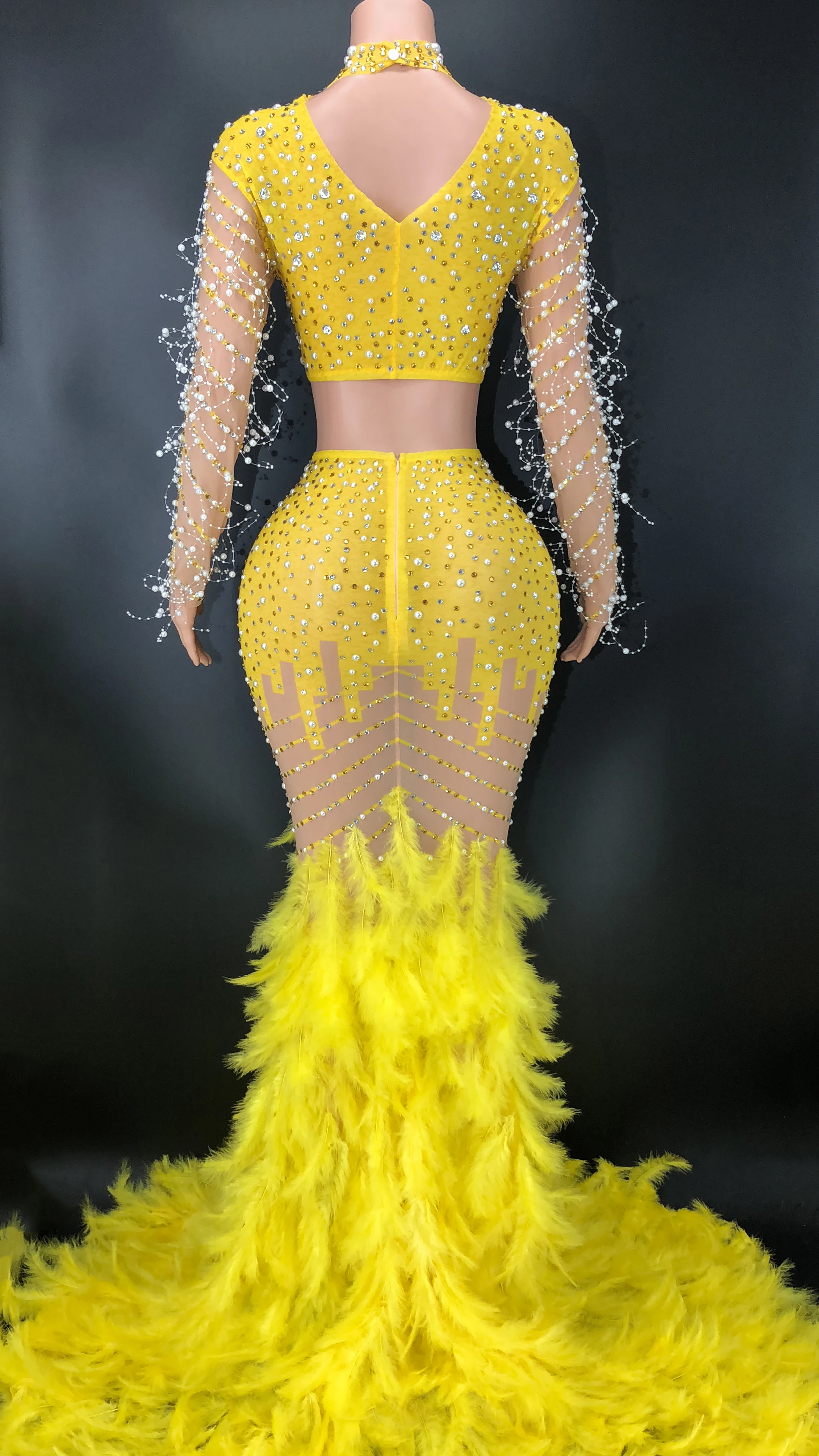 Women Sexy Yellow Stage Rhinestone Pearls Transparent Feather Train Long Evening Birthday Celebrate Costume Dress Plus Size