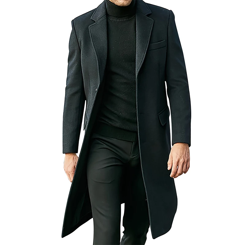 Mens Winter Long Wool Coat Solid Color Long Sleeve Lapel Single Breasted  Fit Windbreaker Overcoat