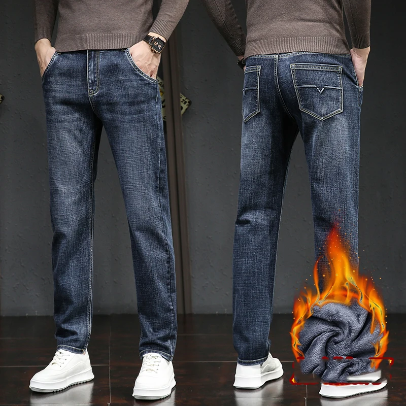 2024 Winter Fleece Thick Warm Jeans Men\'s Slim Business Straight Elastic Denim Pants Casual Male Clothing Fashion Plush Trousers