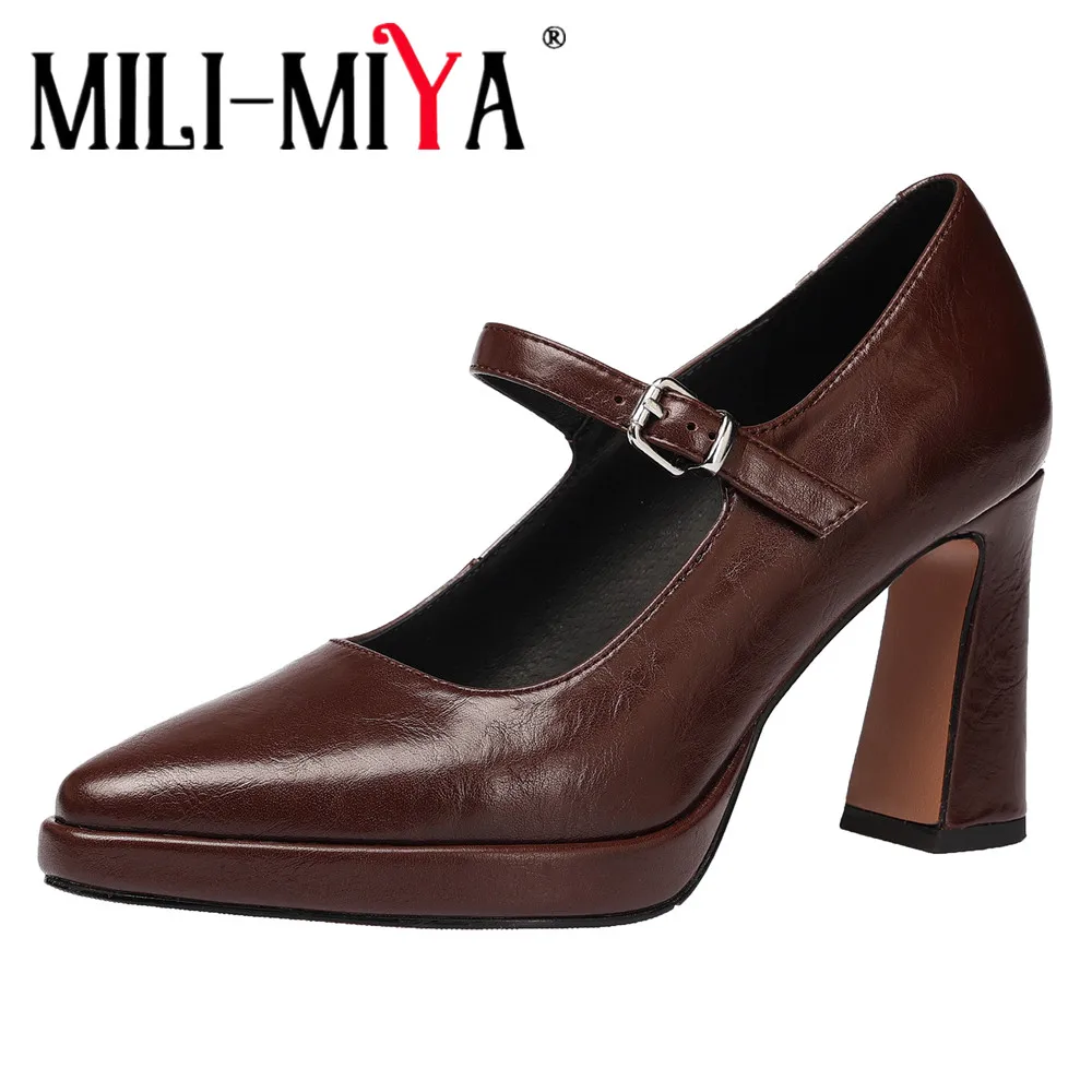 MILI-MIYA Women's Classic Pointed-Toe Ultra-High Block-Heel Pumps All Genuine Leather Big Size 34-41 Career&Office Shoes