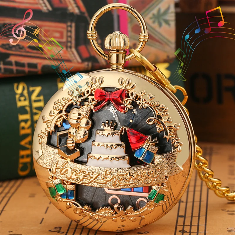 Kreative Geburtstags-Taschenuhr mit Musik und Kuchen-Design, Dekoratives Geschenk mit Manueller Quarz-Bewegung und Kette – Detail 4