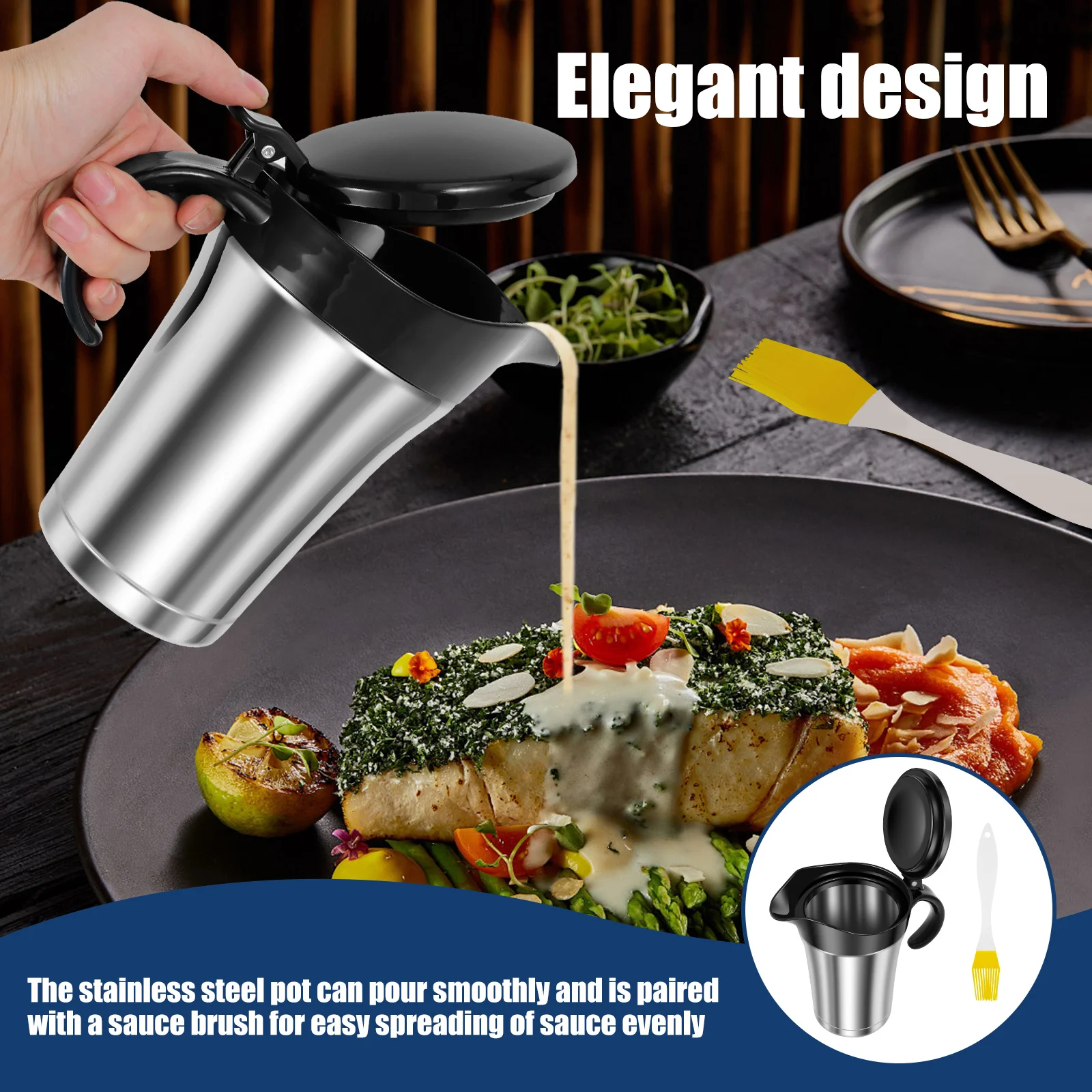 إبريق مرق معزول مزدوج مع غطاء مفصلي إبريق صلصة مرق من الفولاذ المقاوم للصدأ بسعة 750 مل إبريق تدفئة مرق إبريق متعدد الاستخدامات #5