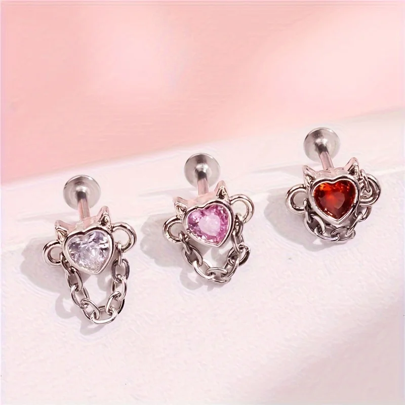 Spicy girl niche chain heart lip stud three-color ear cartilage stud stainless steel piercing jewelry