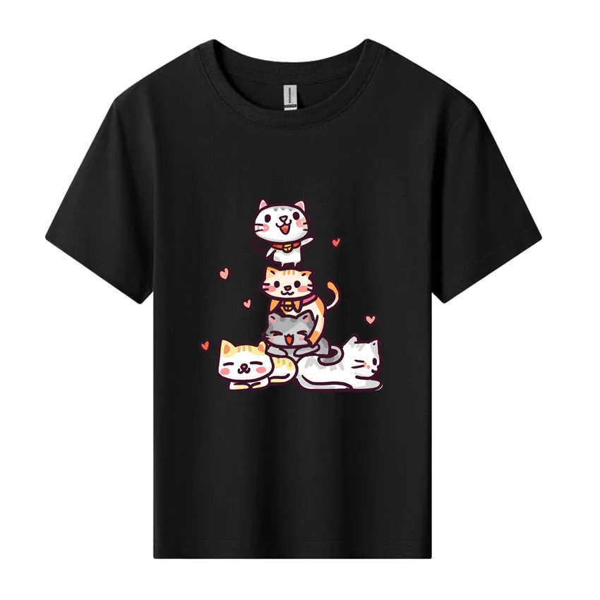 Funny Stacking Cat Graphic Printed Cotton T-shirt Round Neck Tees Tops Soft Comfortable Boys Girls Summer Clothes Children's