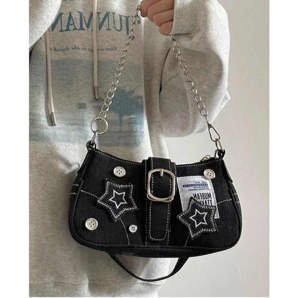 Fashion Women\'s Handbags Denim Stars Pattern Cool Girls Y2K  Underarm Bag Canvas Female Small Shoulder Bags Chain Tote Bag