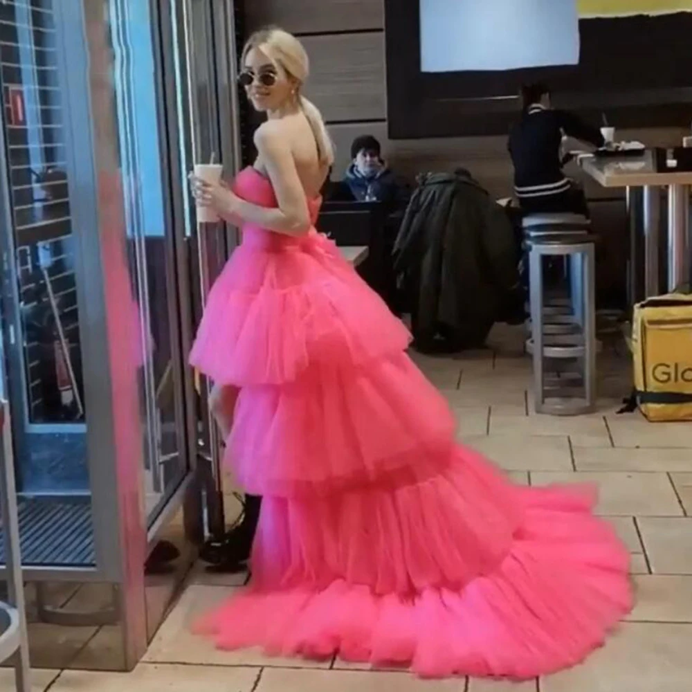 Vestidos de Fiesta de cóctel irregulares sin tirantes para mujer, vestidos de noche formales escalonados elegantes con cordones, vestidos largos de tren de barrido rosa, 2024