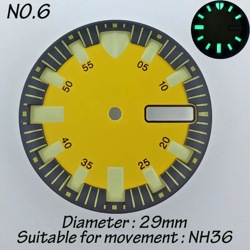 29mmc3 Super Green Glow-in-the-dark watch dial for NH36 automatic movement Red orange Blue Yellow dual calendar watch parts