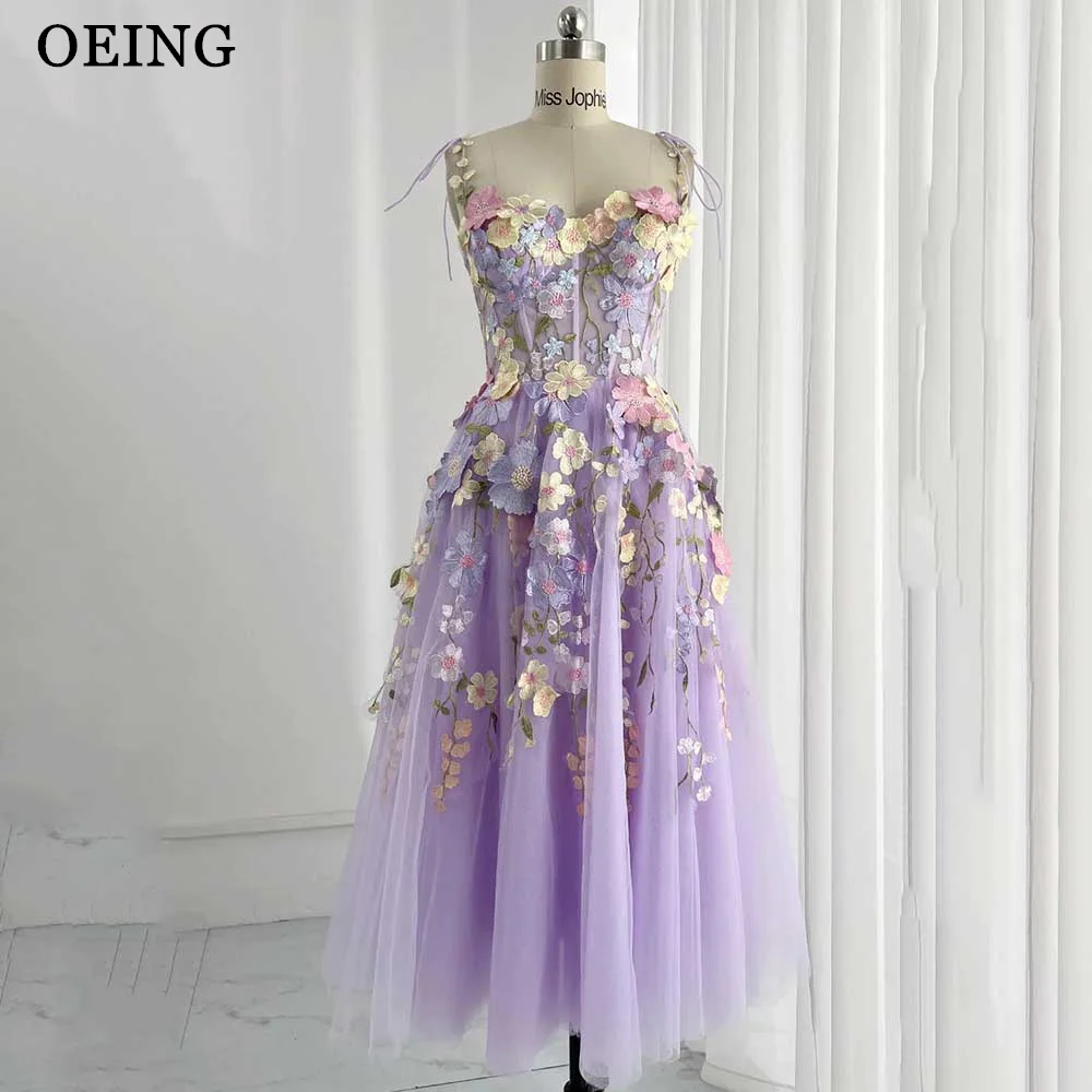 OEING Fairy Lavender Prom Dresses Pastrol Spaghetti Straps 3D Flowers Tea Length Evening Dress Summer Vestidos De Para Mujer