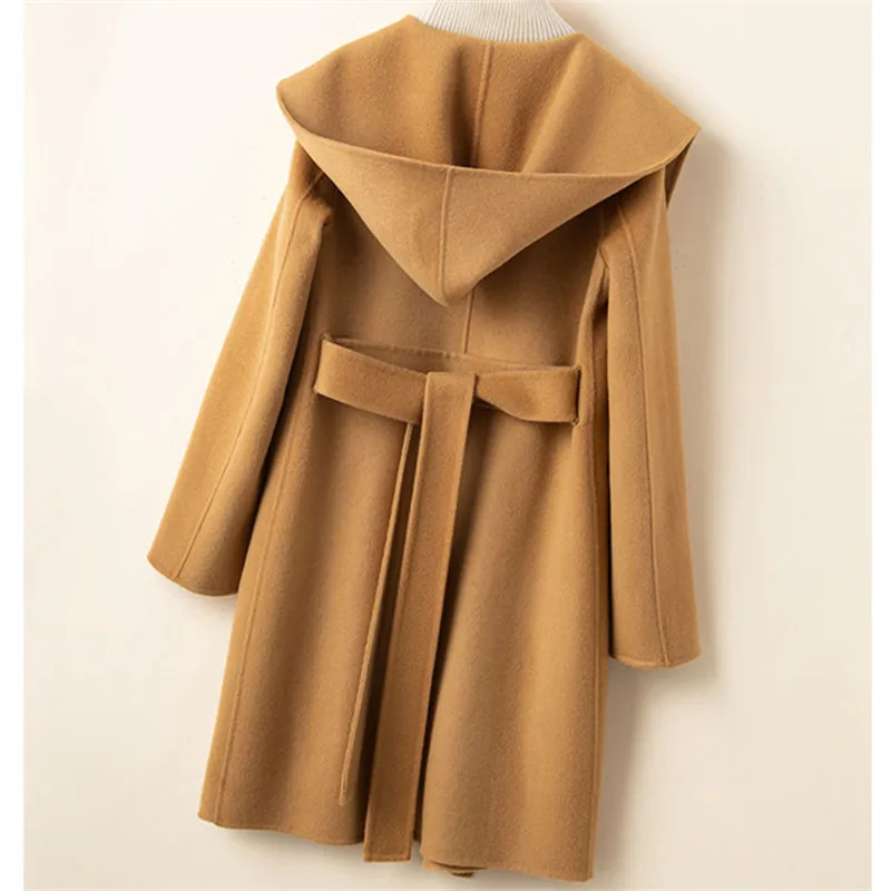 

Autumn Winter 2026 New Korean Double-Sided Cashmere Coat Women Fashion Hooded Mid-Length Belt Wool Jacket Female Overcoat B1463