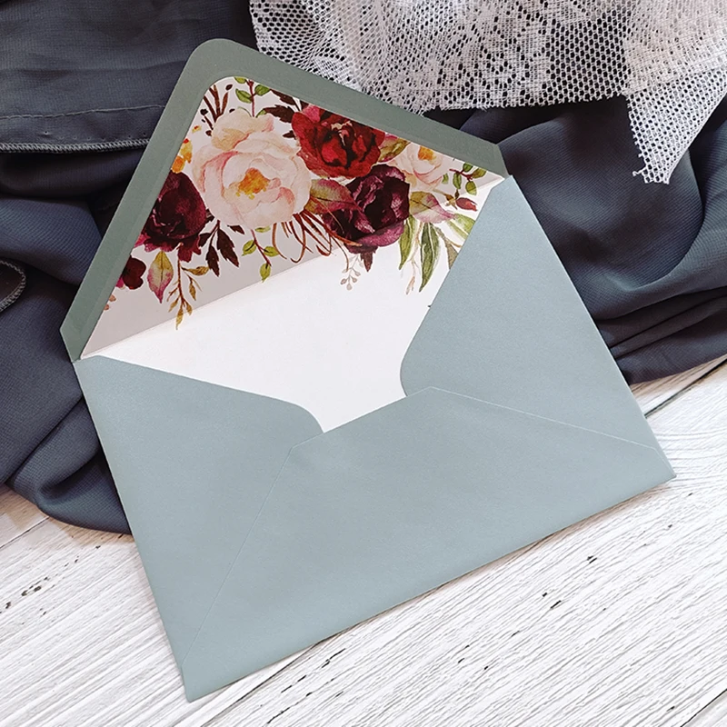 ​50x Dusty Blue Shiny Envelope with Flower Lined for Wedding Invitation Burgundy White Glittery Gift Envelope 4 Celebration