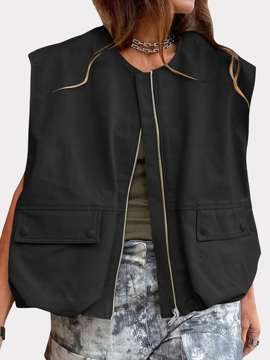 Women's Zip Up Vest Fashionable Jacket Sleeveless Solid Color Oversized Jacket Tops Loose Fit Summer Tops