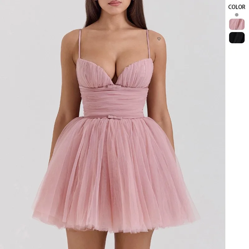 Summer Woman Dress Elegant Party Spaghetti Strap Black Mini Dress Ruched Bodice Tulle Skirt Pink Dress V Neck Sleeveless