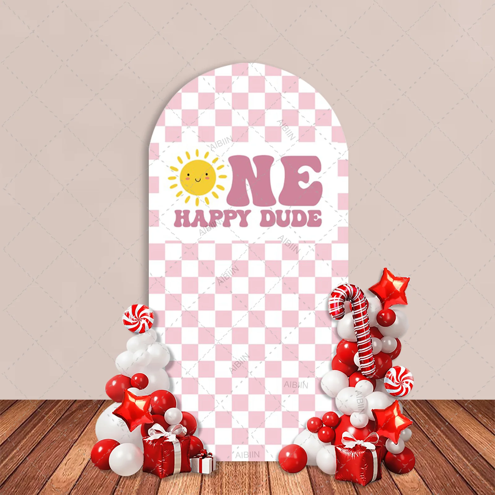 One Happy Dude 1st Birthday Arch Backdrop Cover, Cute Sun Black/Blue/Pink/Purple Grid Checker Kids Party Decor Background