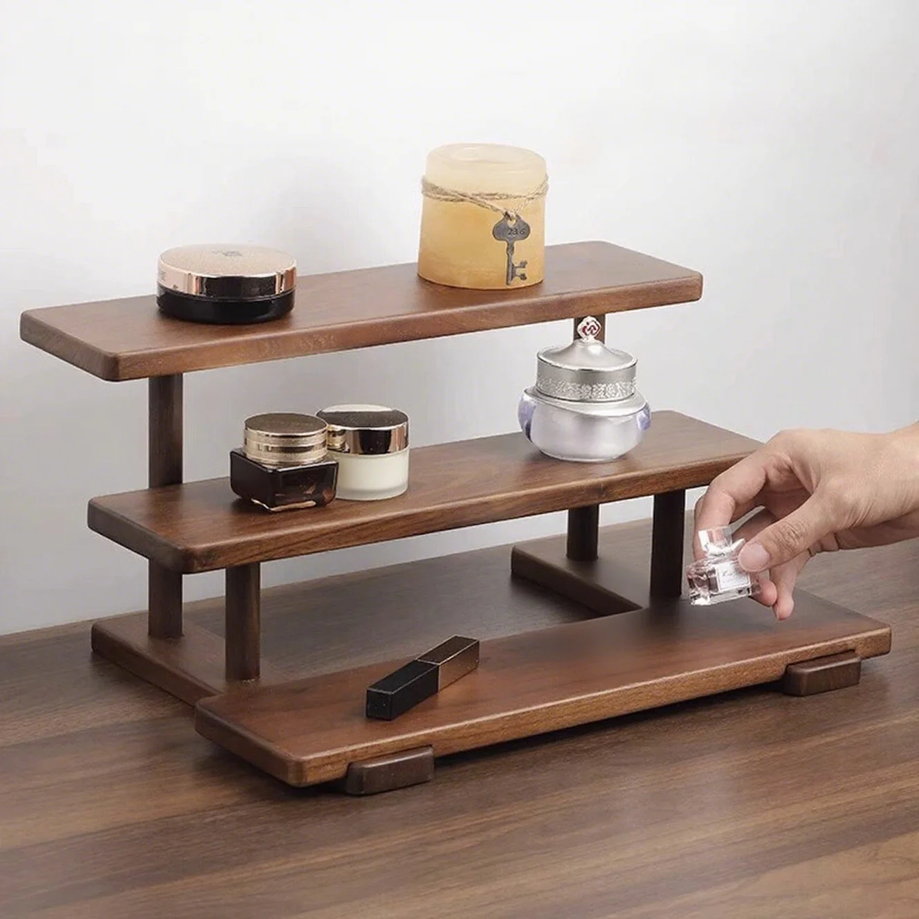 Solid wood new Chinese ladder display stand stepped three-layer shelf succulent small flower stand wooden cup holder perfume