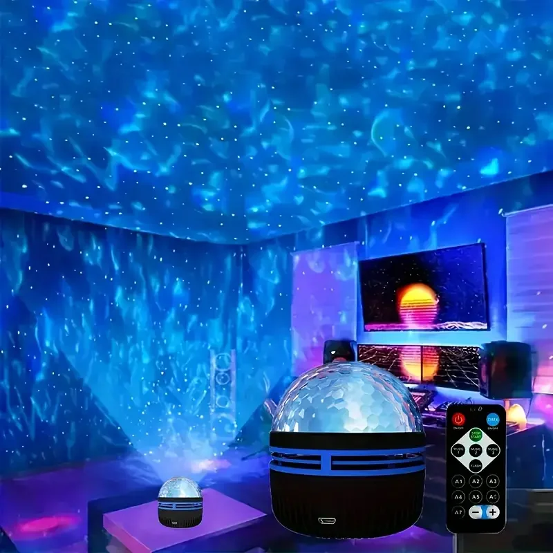 Multifunction USB Projection Light - Aurora & Starry Sky Effect with Remote, 7-Color Wave Night Lamp for Living Room Bedroom