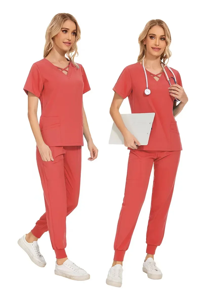 Stretch Vrouwen Slim Fit Scrubs Sets Medische Uniformen Artsen Tops Joggers Chirurgische Jurken Verpleegkundige Accessoires Salon Spa Werkkleding Set