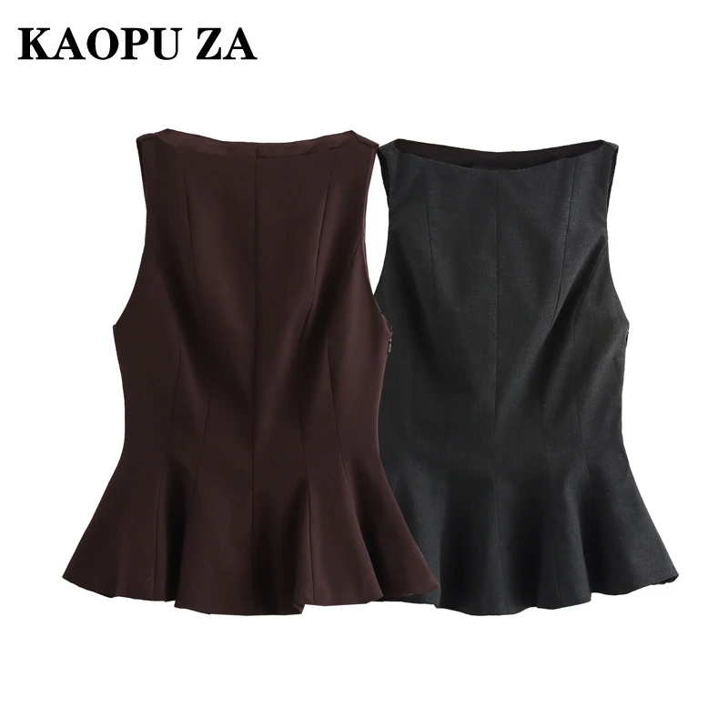 KAOPU ZA 2024 Autumn New Woman's Party Side Zipper Corset Vest Fashion Lady Solid Color O-Collar Sleeveless Ruffles Regular Fit