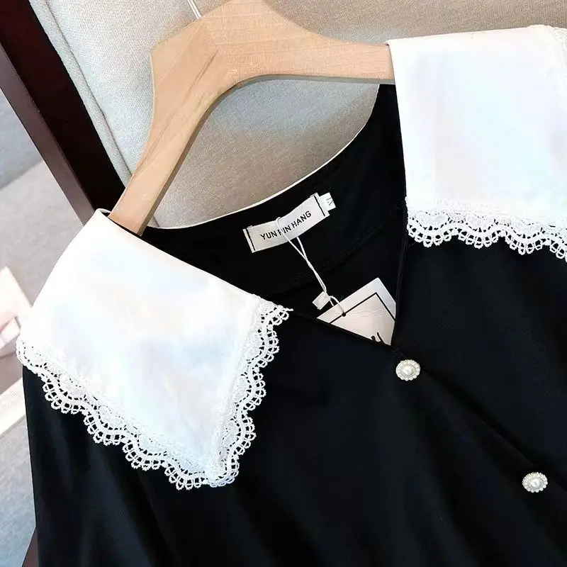 Large Size Doll Neck Korean Style Dress for Women 2024 Summer New French Retro Waistband Elegant Women Slimming Skirt