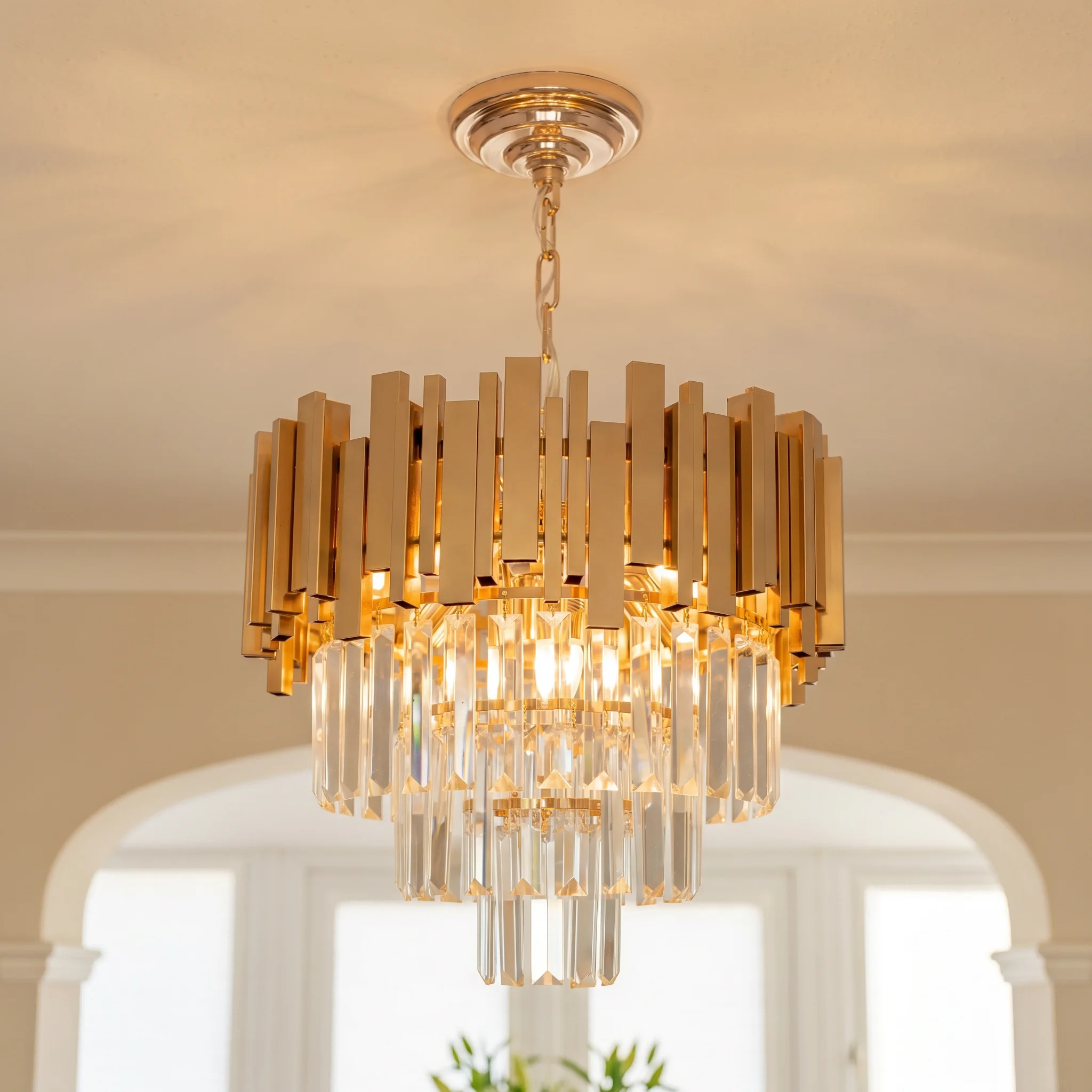 Moderner Gold-Kristall-Kronleuchter, Verstellbare Kette Runder 3-stufiger K9-Kristall-Deckenleuchter für Esszimmer, Kücheninsel, Wohnzimmer, Schlafzimmer, Foyer