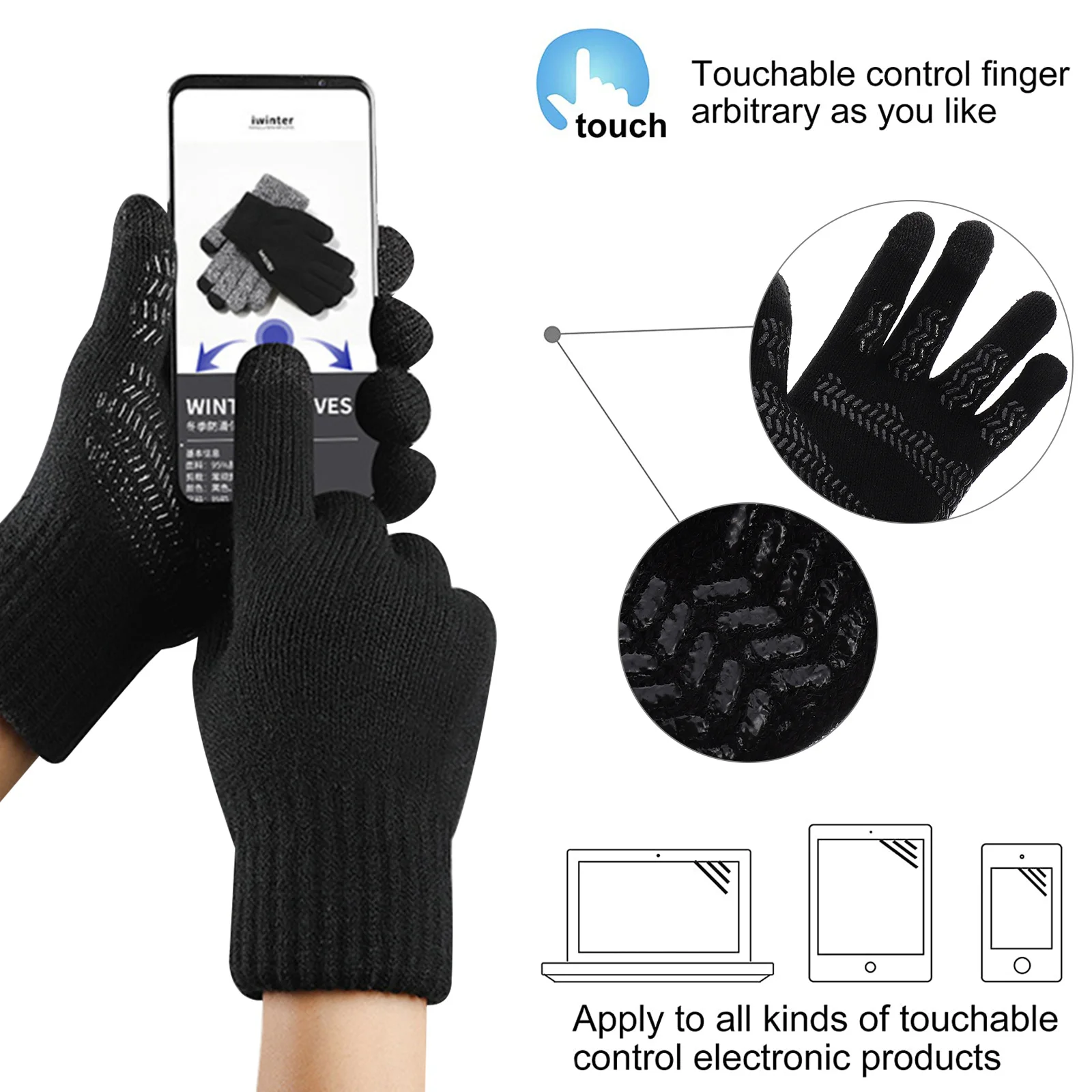 

1 Pair Screen Gloves Knitted Full Finger Mitts For Winter Cold Weather Anti-Slip Driving Cycling Outdoor Sports