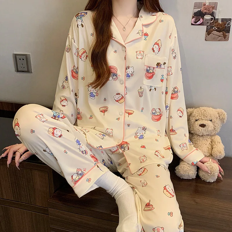 

Sanrio Hello Kitty женский пижамный костюм Kawaii Cartoon Cinnamoroll повседневная домашняя одежда весенняя удобная ночная рубашка с длинными рукавами
