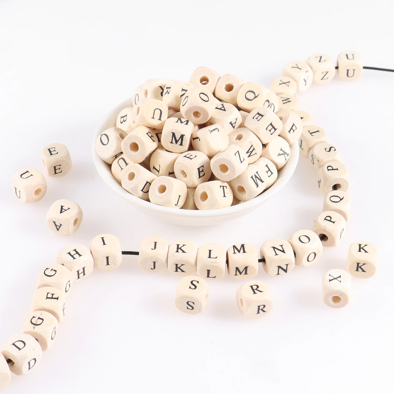 52pcs Alphabet Wood Beads, BetterJonny Natural Square Wooden Beads Wooden Loose Beads with 26 Letters Cube Beads Letter Beads