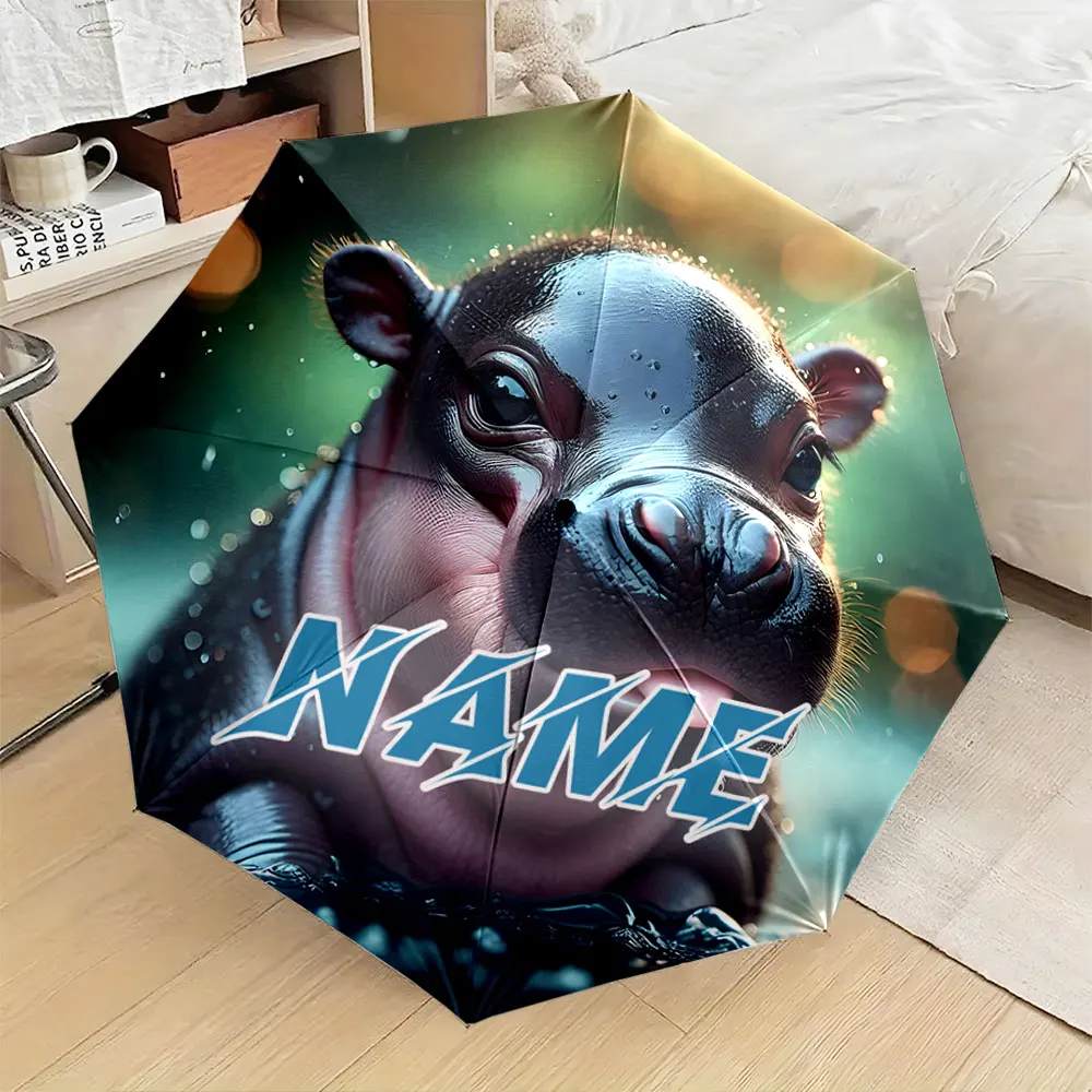 Custom Name Umbrella,Cute Baby Hippo Art Print Folding Umbrella for Sunny and Rainy,Birthday Christmas Gift for kids and adults
