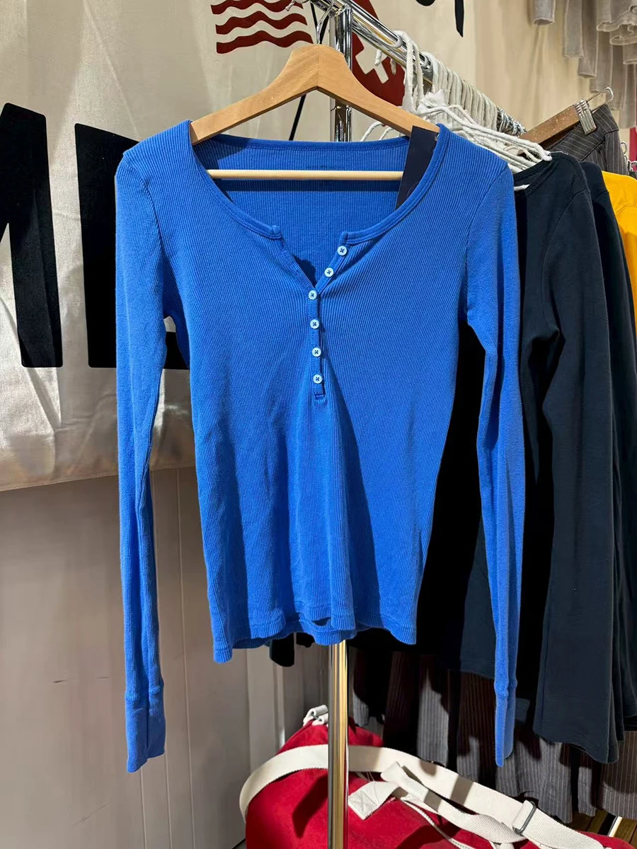 

Blue Ribbed Slim Long Sleeve T-shirt Women Autumn New Six Buttons Scoop Neck Tee Shirts Preppy Style Simple Chic Pullover Tops