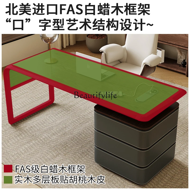 Retro simple saddle leather solid wood integrated desk computer desk home