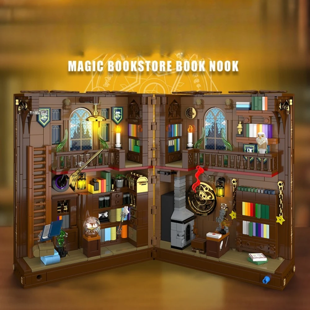MOC Magic Bookstore Book Stand Building Blocks Set Lounge Library Expandable With Light Toy For Children Birthday Holiday Gifts