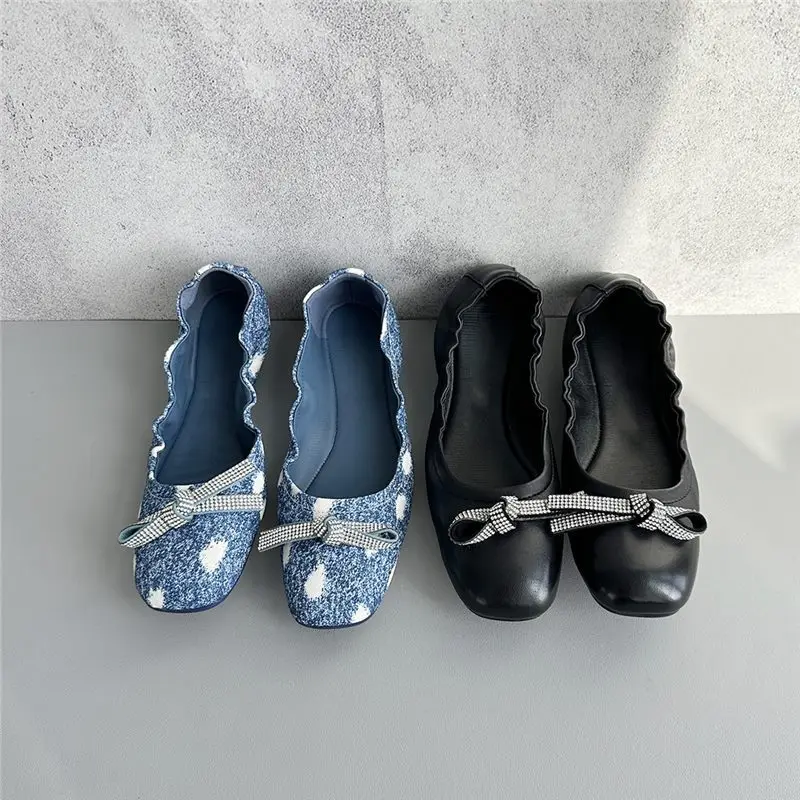 

New Women's Casual Flat Genuine Leather Shoes Vintage Cow Leather Flats For Women Fashion Ladies Bow Ballet Flats