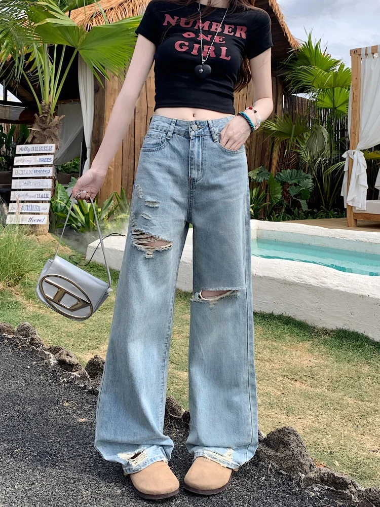 하이웨이스트 드레이프 홀 데님 진 여성용 가을 디자인 페어 바디 슬림 와이드 레그 팬츠 캐주얼 슬레 워터 웨이드