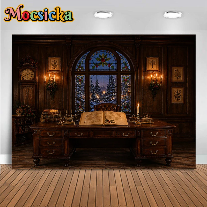Mocsicka Photography Backdrop Dark Wood Library Christmas Retro Study Room Fireplace Bookshelf Xmas Tree Family Photo Background