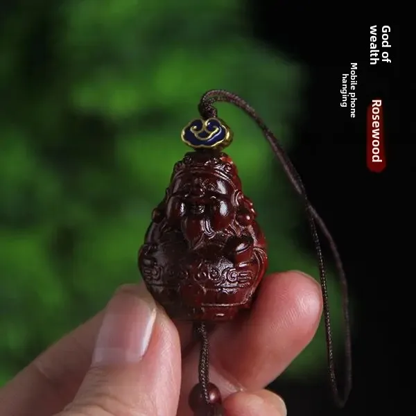 Lobular Red Sandalwood Wood Carving Yuanbao God of Wealth Mobile Phone Pendant Wooden Character God of Wealth Key Chain Antique