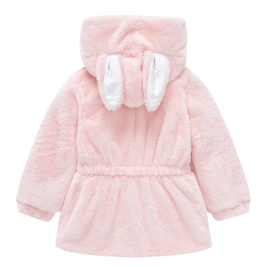 Girls1-6 years old Children's jacket Cute bunny ears Furry coat Solid color hooded cotton-padded jacket warm outside fluffy coat