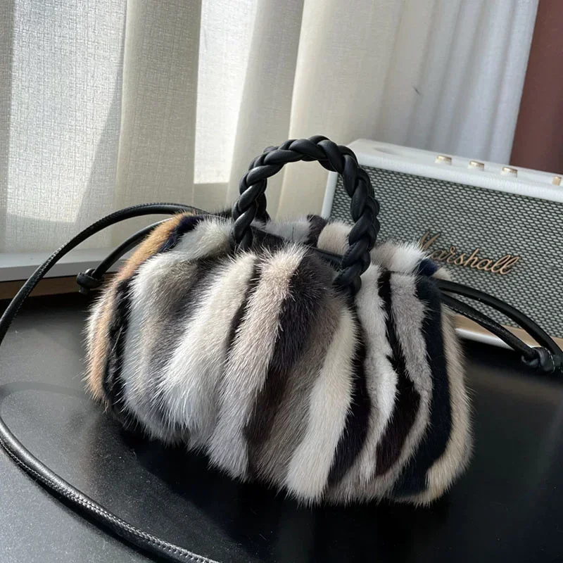 Natural Mink Fur Bag for Women Leather Handbag Plush Casual Lady Handbag Winter Shoulder Bag Fashion Exquisite Shopping Bag