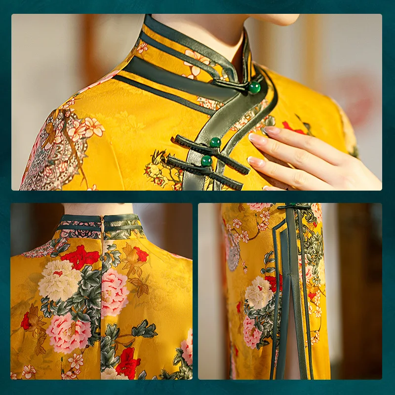 2025 Autumn Yellow Stand Collar Fashion Floral Long Cheongsam Chinese Traditional Style Wedding Evening Qipao Dress for Women
