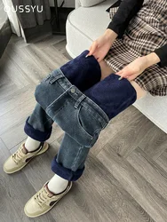 Jeans en denim taille haute pour femmes, pantalons en coton velours, pantalons droits décontractés, optique féminine, sourire chaud, hiver