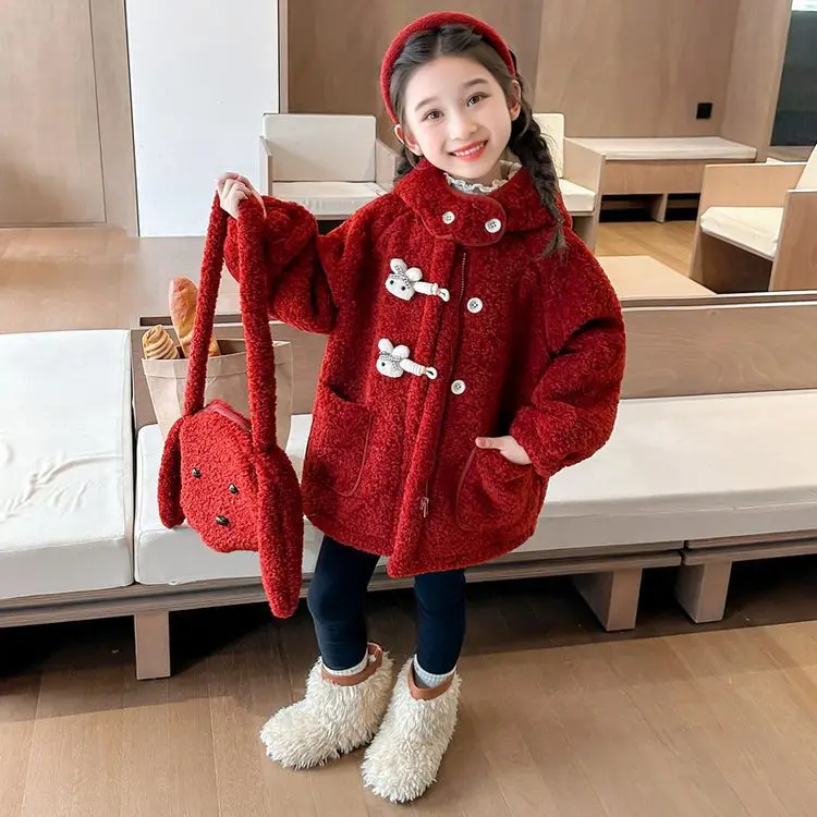 Autumn Winter Children Girl Jackets Rabbit Button Fleece Hooded Baby Girl Outerwear Coat Solid Long Sleeve Warm Little Girl Coat